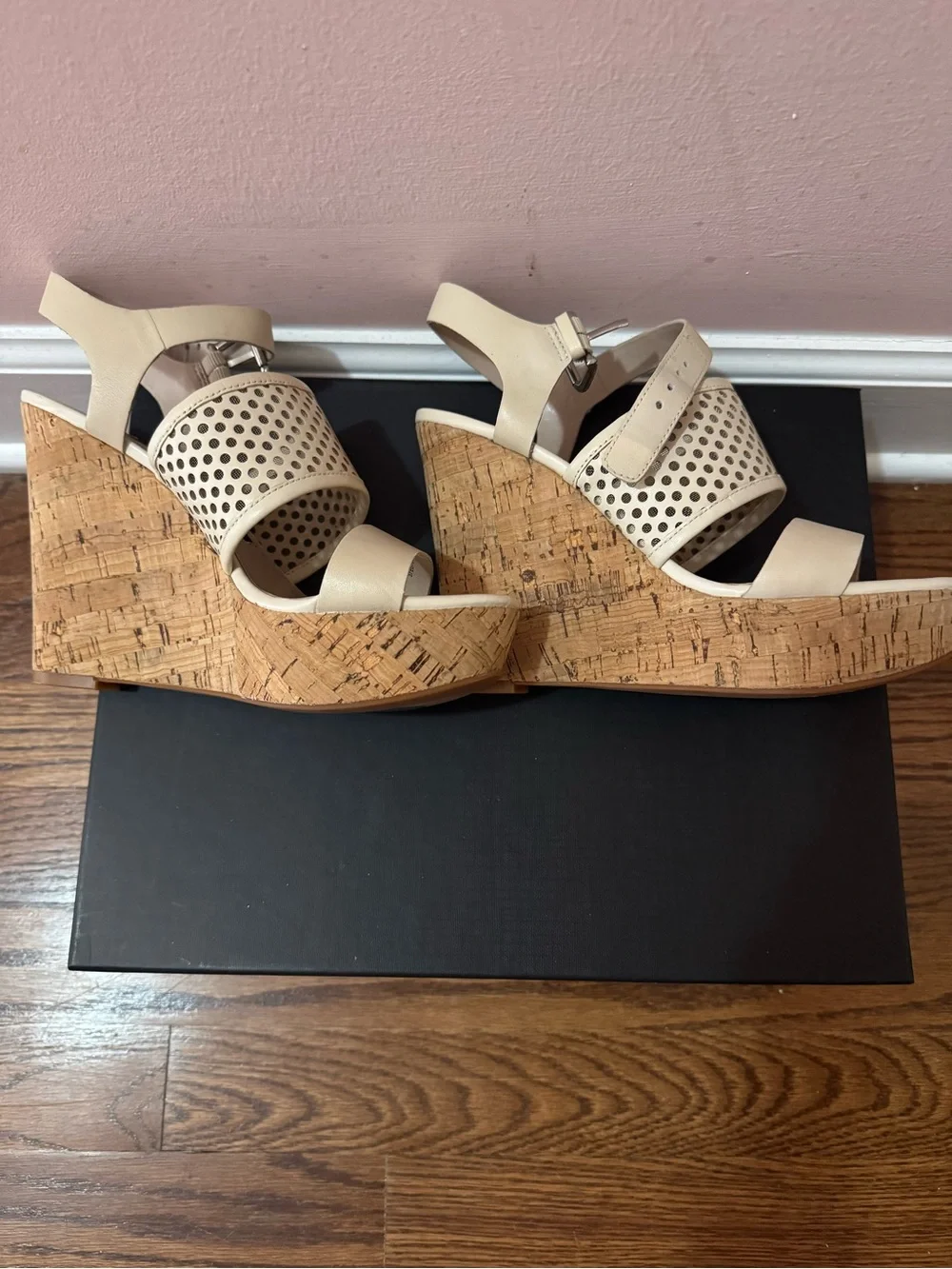 French Connection Cream Perforated Wedge Sandals